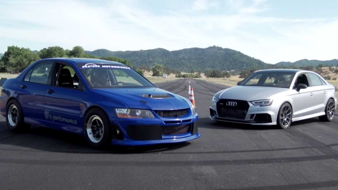 Audi RS3 проти Mitsubishi Evo 8: хто швидший?